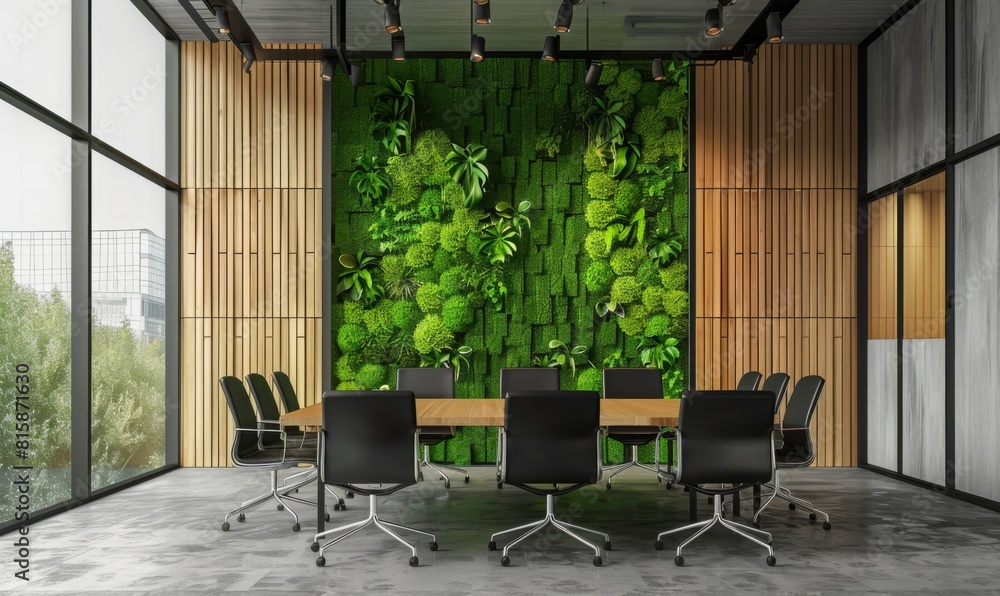 inside of meeting room long big desk with vertical garden on the wall. eco green work sustainable photo concept. inside of meeting room long big desk with vertical garden on the wall. eco green work sustainable photo concept.