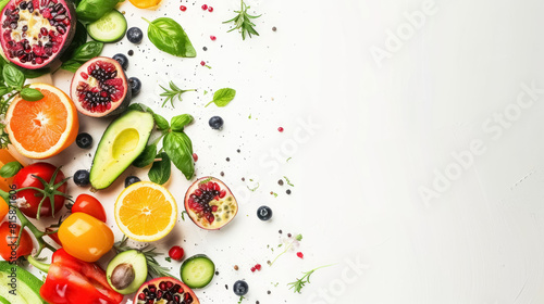 assortment of fresh fruits, vegetables, and herbs on a white surface © Imane