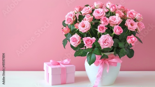 Wallpaper Mural a roses bouquet nestled in a white vase alongside a heart-shaped gift box, set against a light pastel background in a minimalistic style, providing ample copy space for heartfelt messages. Torontodigital.ca