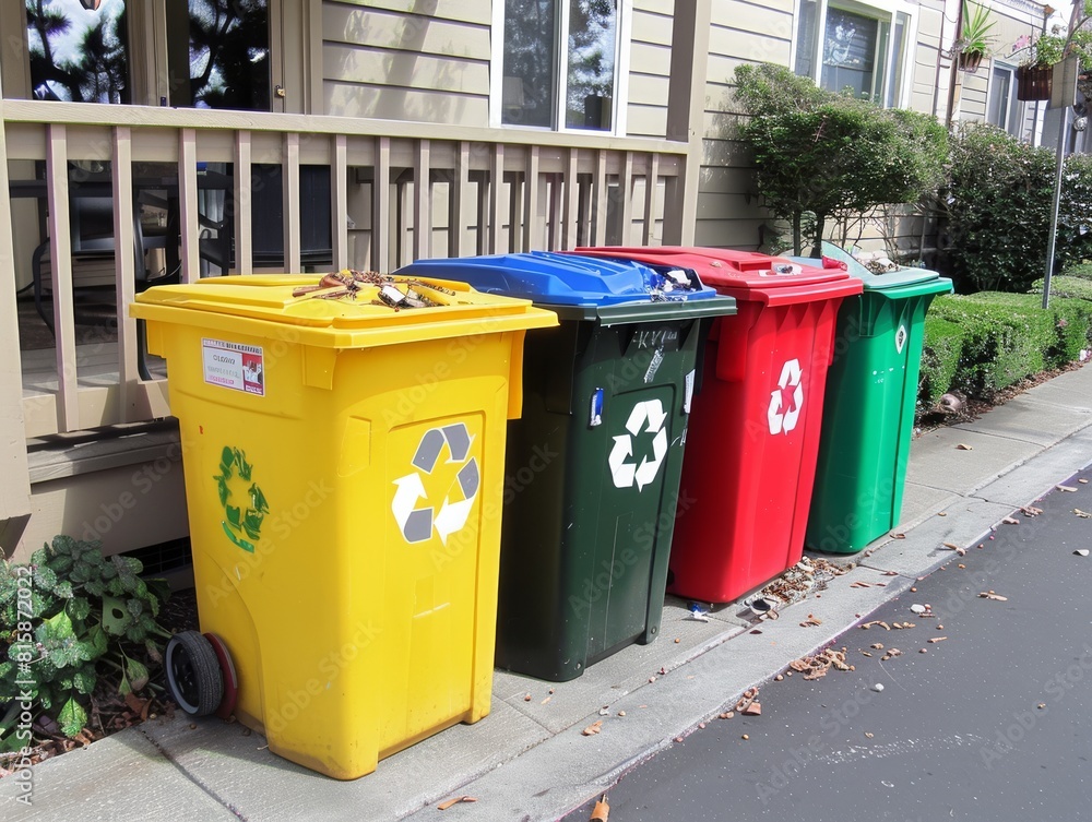 Separating the recycling into bins. Separating the recycling into bins.