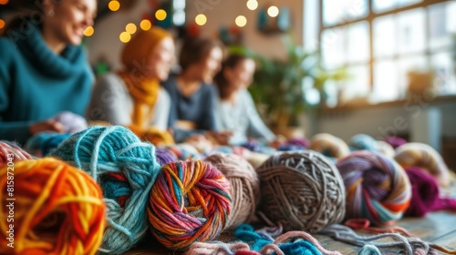 Group of people doing needlework knitting. Yarn and soft wool in various colors and textures are scattered around them. photo