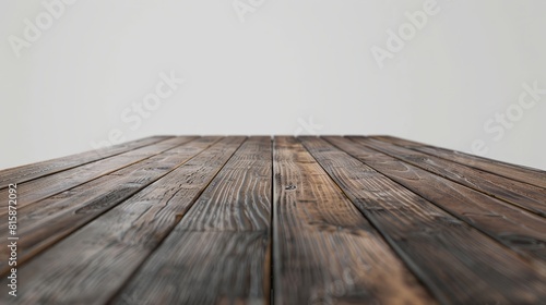 Feature a front view of a dark brown  empty wooden table  close-up  dynamic  Multilayer  against a white background  perfect for product displays
