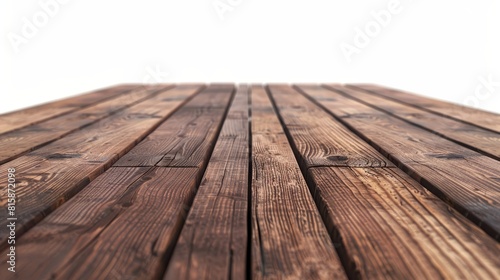 Feature a front view of a dark brown, empty wooden table, close-up, dynamic, Multilayer, against a white background, perfect for product displays