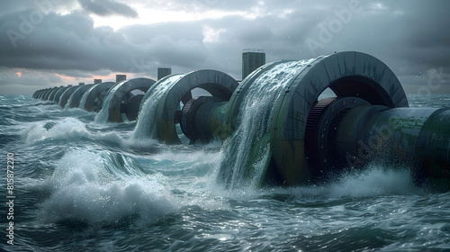 Majestic Tidal Power Turbines Harnessing the Rhythm of the Oceans in a Moody,Dramatic Seascape