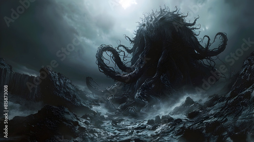 Malevolent Cthonic Entity Towering Above Desolate Stygian Landscape with Radiating Tentacles and Eldritch Energies in Cinematic Photographic Style