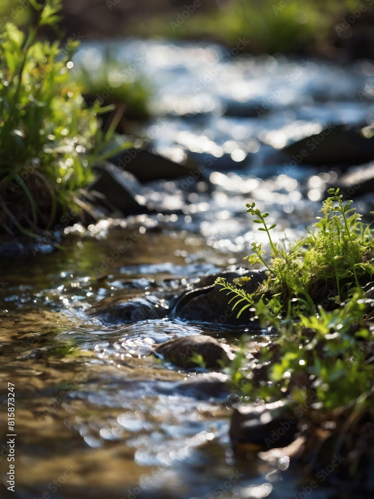 Nature's Renewal, Close-Up of Babbling Brook and Sprouting Greenery in Spring Nature's Renewal, Close-Up of Babbling Brook and Sprouting Greenery in Spring