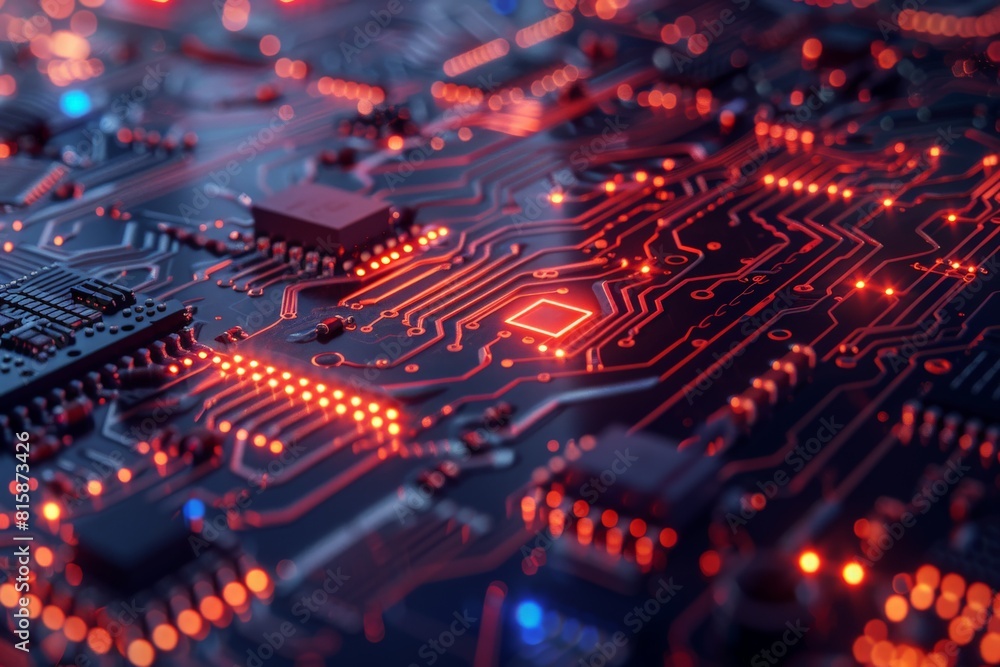 Printed circuit board. Abstract technology background with bokeh. 3D Render