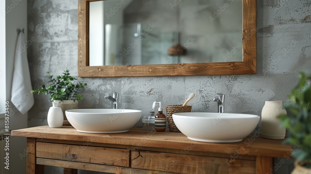 modern bathroom with a wooden-framed mirror on the wall, showcasing minimalist design and reflection concept in a banner modern bathroom with a wooden-framed mirror on the wall, showcasing minimalist design and reflection concept in a banner