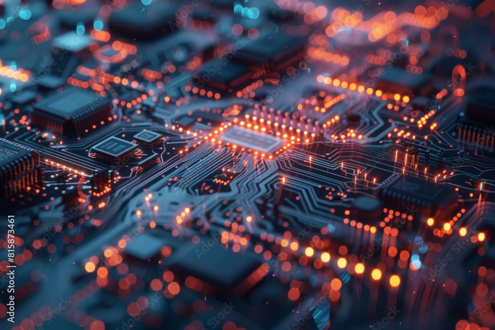 Printed circuit board. Abstract technology background with bokeh. 3D Render Printed circuit board. Abstract technology background with bokeh. 3D Render