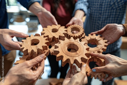 Diverse group of people assisting each other by holding wooden gears together while working on a project