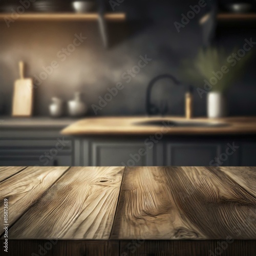 a wooden table with a dark mood interior. Emphasize the free space for decoration and a blurred kitchen background  perfect for highlighting kitchen furniture.