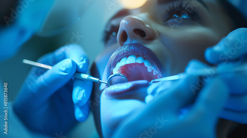 A dentist memeriksa gigi pasien menggunakan alat khusus photo