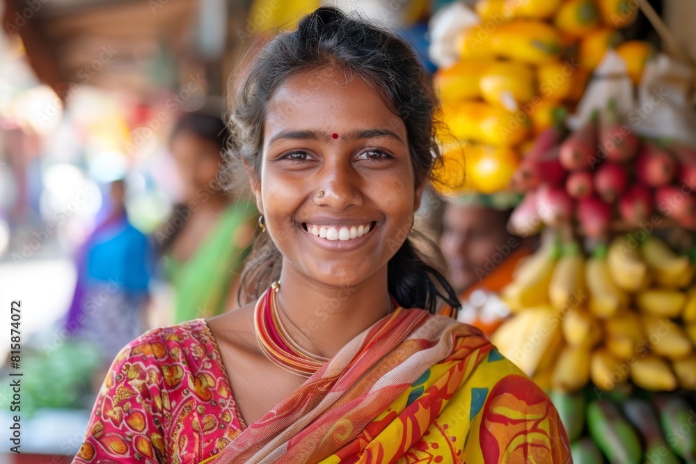 Smiling Indian woman in traditional sari at colorful fruit market. Cultural lifestyle and market day concept for design. Portrait photography with natural light. Smiling Indian woman in traditional sari at colorful fruit market. Cultural lifestyle and market day concept for design. Portrait photography with natural light.