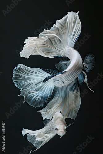 Painting like real The moving moment beautiful of two fish one is white and other is blue strong betta fish or dumbo betta splendens loving fish on black background,  © Svay Vibol
