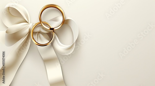 a pair of gleaming gold wedding rings elegantly tied with a ribbon, with a banner offering ample space for personalized messages or wishes. photo