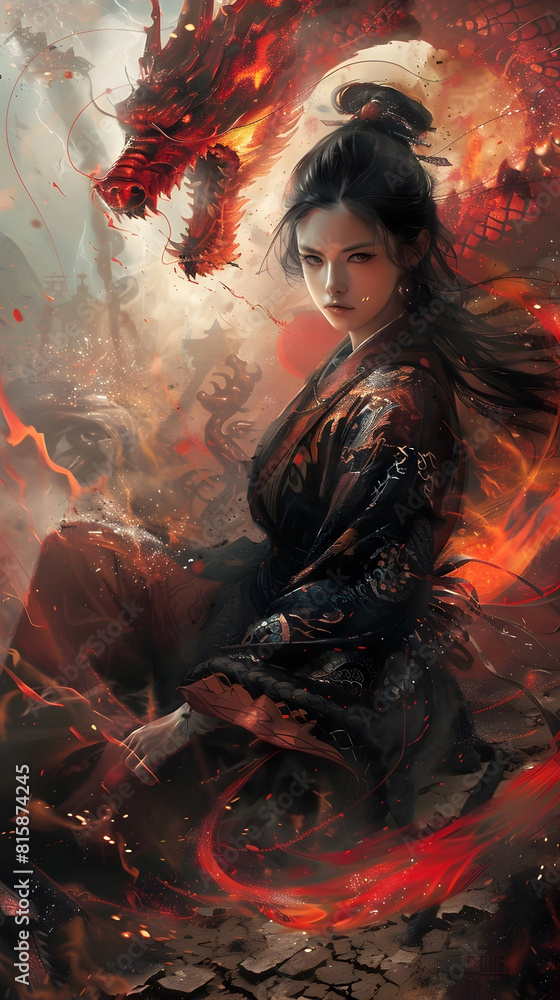 Mesmerizing Flame Warrior in Striking Kimono amid Raging Inferno and Coiled Dragon