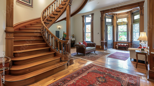 A heritage home renovation featuring a restored wooden staircase with historical details preserved, set against freshly updated interiors that respect the original architecture.