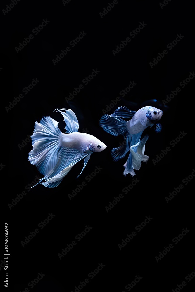 Naklejka premium The moving moment beautiful of white and blue betta fish or dumbo betta splendens fighting fish in thailand on black background,