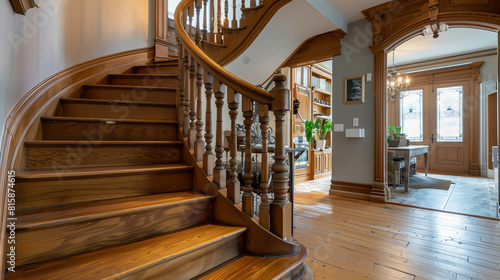 A heritage home renovation featuring a restored wooden staircase with historical details preserved, set against freshly updated interiors that respect the original architecture.