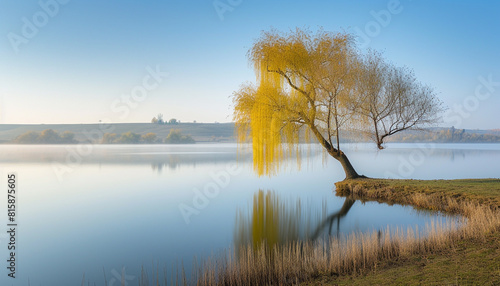 A high-resolution image the elegance of a lone willow tree  its cascading branches creating a graceful and solitary presence by a calm lake