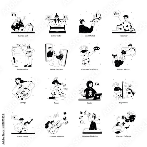 Collection of Trading Hand Drawn Mini Illustrations 

