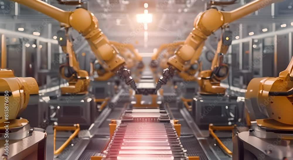 Robotic Assembly Line in a Factory Interior for Electric Car Battery Manufacturing. Concept Factory Interior, Assembly Line, Electric Car Battery, Robotic Automation Robotic Assembly Line in a Factory Interior for Electric Car Battery Manufacturing. Concept Factory Interior, Assembly Line, Electric Car Battery, Robotic Automation
