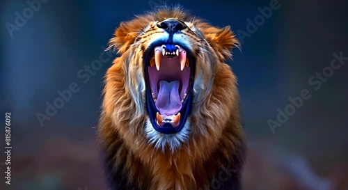 Intense Close-Up of Lion Roaring with Wide Open Mouth. Concept Wildlife Photography, Animal Close-Ups, Lion Portraits, Roaring Expressions, Wild Nature Shots photo