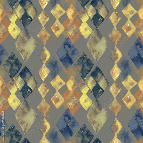 A seamless pattern with watercolor abstract diamonds in gold and blue. Rhombus forms blending into gray background. Design for textile, packaging, covers, surfaces, fabric. Geometry theme (ID: 815876244)