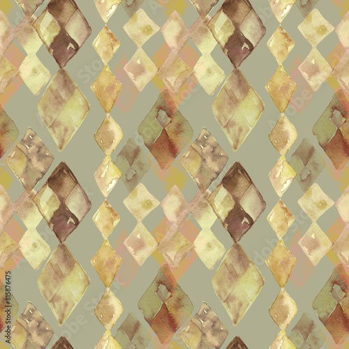 A seamless pattern with watercolor abstract diamonds in brown and beige. Sandy rhombus forms blending into gray background. Design for textile, packaging, covers, surfaces, fabric. Geometry theme. (ID: 815876475)