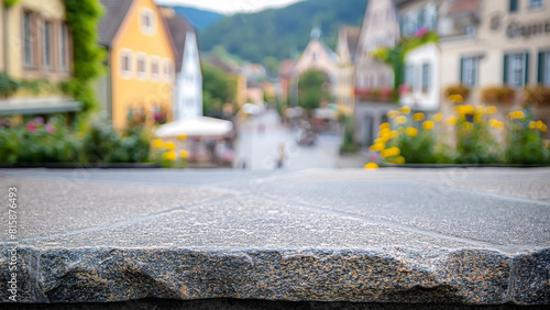 Leerer Steintisch mit unscharfer sommerlicher europäischer Straße oder Fußgängerzone in der Stadt im Hintergrund, Konzept für Tourismus und Reisen