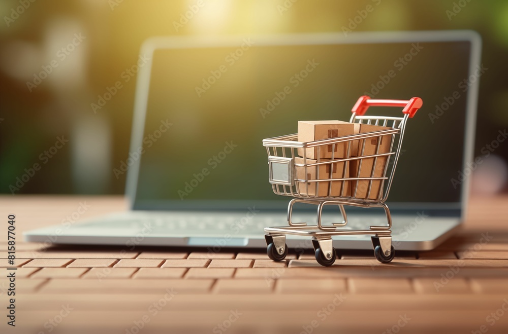 AI generated illustration of a miniature shopping cart with boxes near a laptop, online shop concept