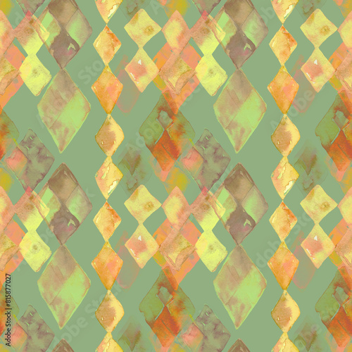 A seamless pattern with watercolor abstract diamonds in yellow and gold. Rhombus forms blending into green background. Design for textile, packaging, covers, surfaces, fabric. (ID: 815877027)