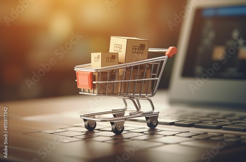 AI generated illustration of a miniature shopping cart with boxes near a laptop, online shop concept