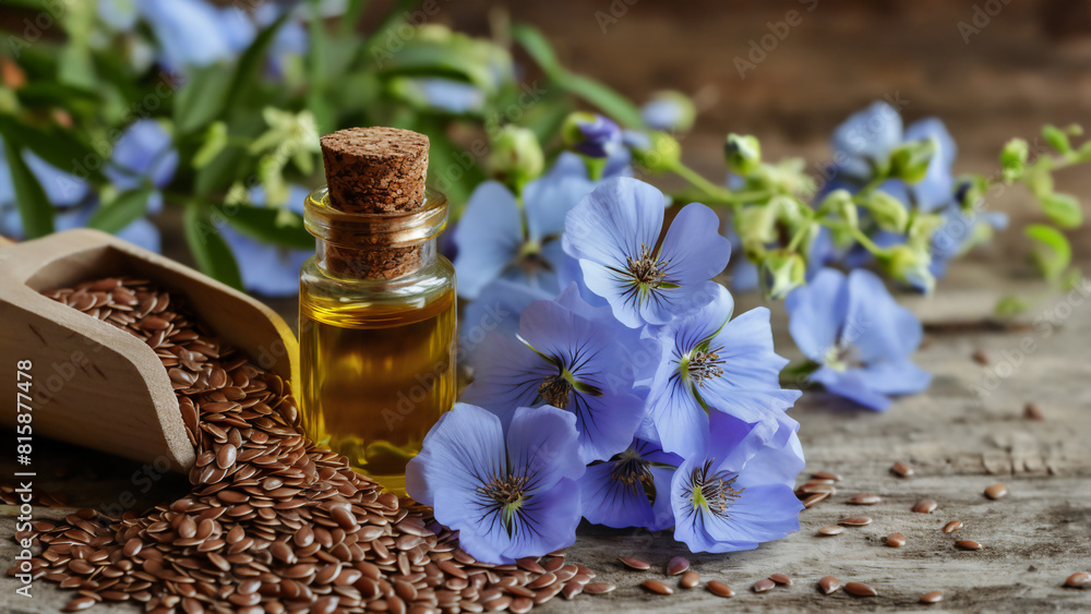 A glass bottle of flaxseed oil with flax seeds and vibrant blue flax flowers on an old wooden backdrop. Concept of the natural organic ingredient. Ideal for promoting wellness and natural products A glass bottle of flaxseed oil with flax seeds and vibrant blue flax flowers on an old wooden backdrop. Concept of the natural organic ingredient. Ideal for promoting wellness and natural products