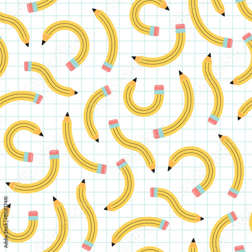 Set of yellow Pencils bending across graph paper. Back to school, teacher's day concept. Hand drawn Vector illustration. Square seamless pattern background wallpaper