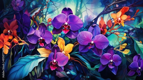 Abstract watercolor painting of an exotic orchid with vibrant purple and magenta petals against a backdrop of lush green foliage