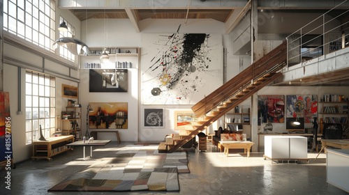 A modern artist's loft with a raw wooden staircase connecting split levels, surrounded by abstract art pieces and a high-ceilinged studio space.