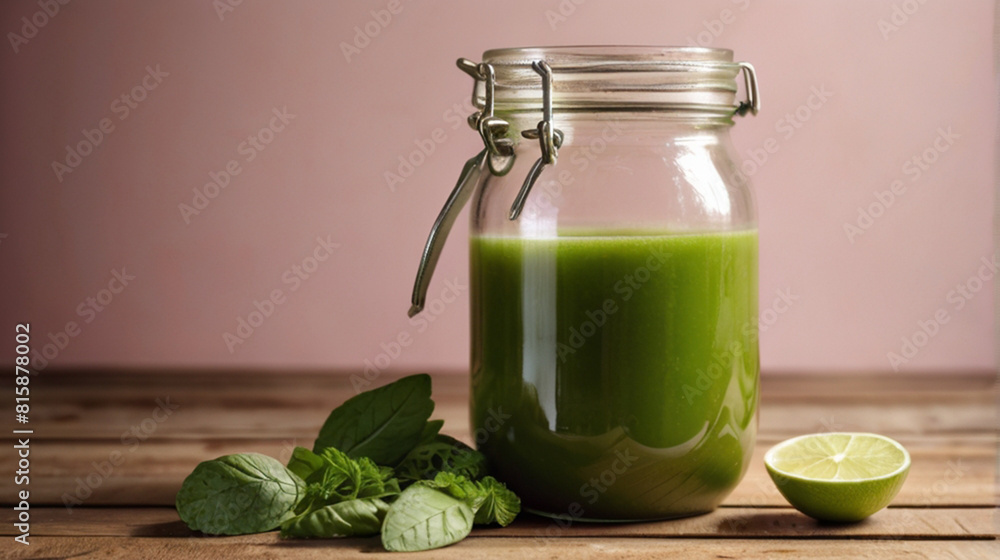 Glass of fresh lime celery juice on the table, summer refreshing drink, detox, diet and healthy lifestyle concept.