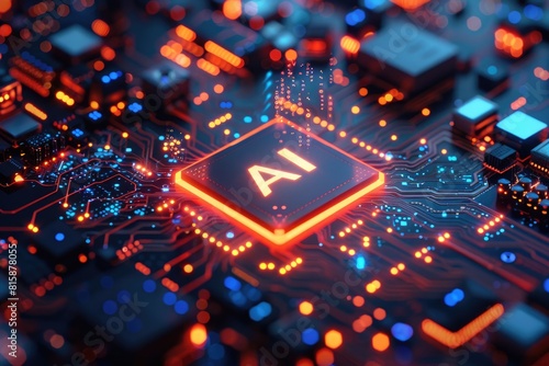 Artificial Intelligence (AI) concept, Abstract AI processor and quantum computer background.