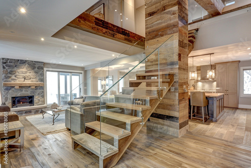 A modern rustic home interior featuring a floating wooden staircase with glass railings, connecting an open-plan living area with an upper loft.