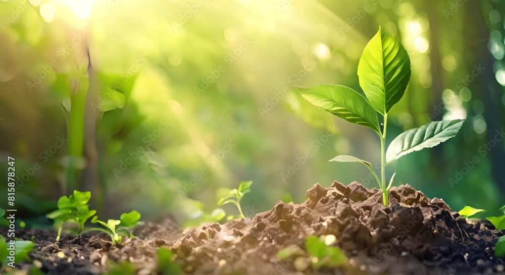 Promoting Nature: Young Plant Growing in Soil with Green Tree Background. Concept Nature Photography, Growth and Development, Greenery and Trees, Environmental Awareness, Sustainable Living Promoting Nature: Young Plant Growing in Soil with Green Tree Background. Concept Nature Photography, Growth and Development, Greenery and Trees, Environmental Awareness, Sustainable Living