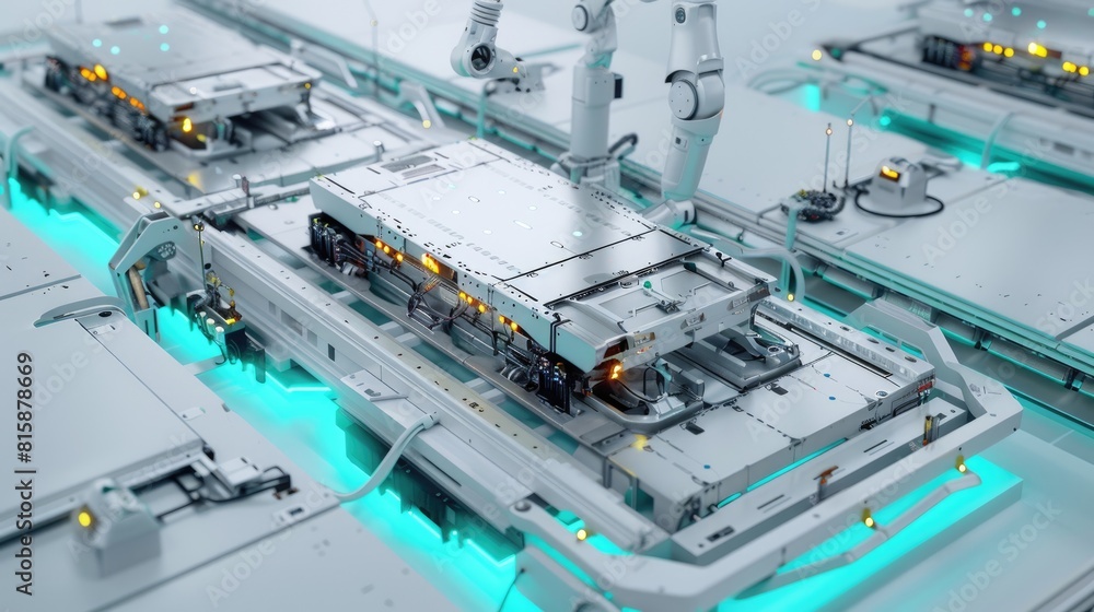 An electric vehicle battery unit in a modern industrial factory. EV trends. Production factory. An electric vehicle battery unit in a modern industrial factory. EV trends. Production factory.