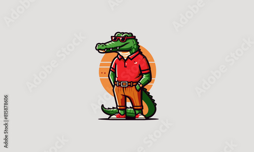 crocodile wearing tshirt red and sun glass vector mascot design