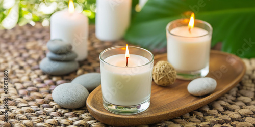 Lit scented white candles in health spa for relaxation, with stones and pebbles.