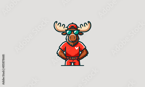 moose wearing sun glass and tshirt red vector logo design