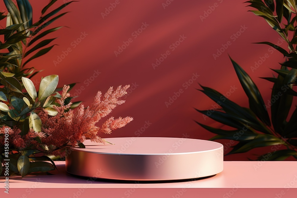 Product display podium with pink floral background. Product display podium with pink floral background.