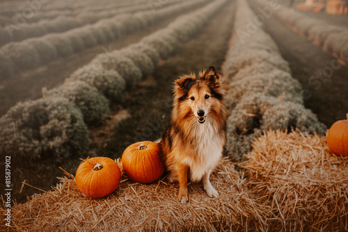 Canvas Print Shetland shepherd with pumpkins, autumn vibes, fall vibes, warm colors