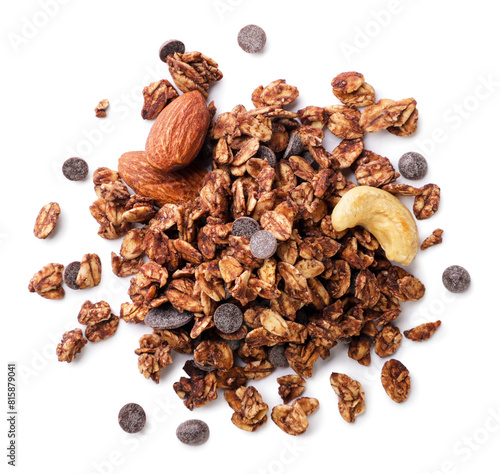 Chocolate granola with nuts on a white background. Top view