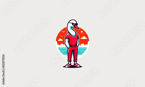 character swan wearing tshirt red and sun glass vector mascot design