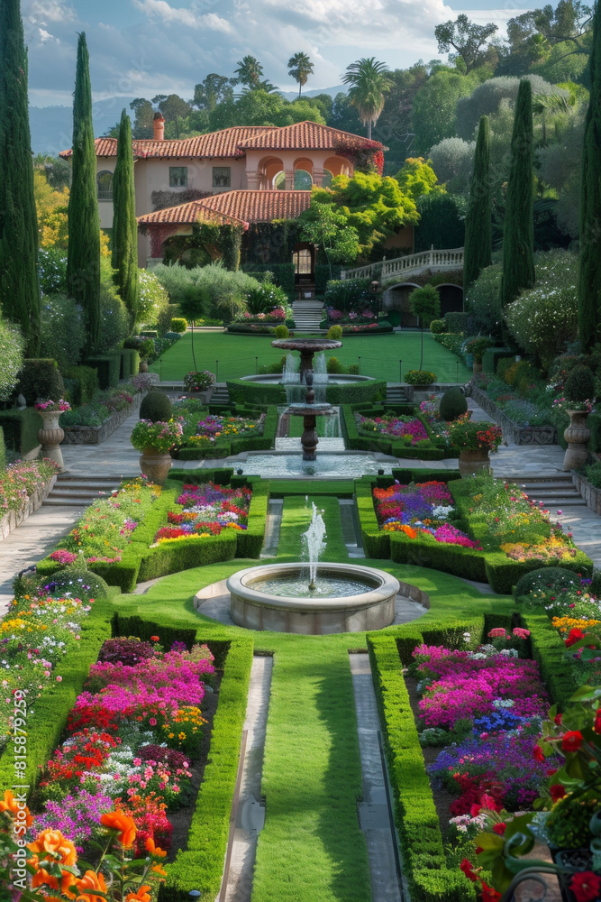 An elegant formal garden with meticulously sculpted hedges, manicured lawns, and a central fountain surrounded by colorful blooms, exuding sophistication and refinement in a harmonious symphony